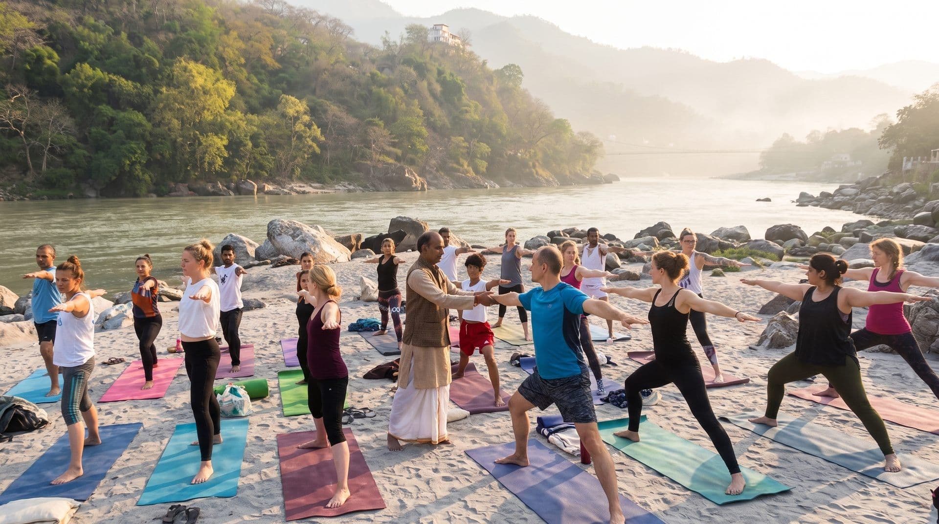Morning yoga class on the banks of the Ganga in Rishikesh