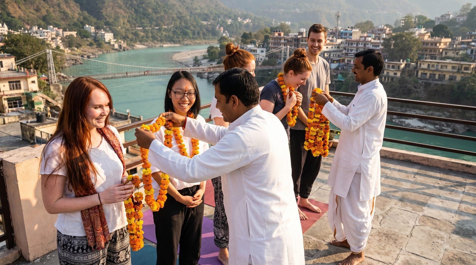 Students welcomed with marigold garlands overlooking Rishikesh