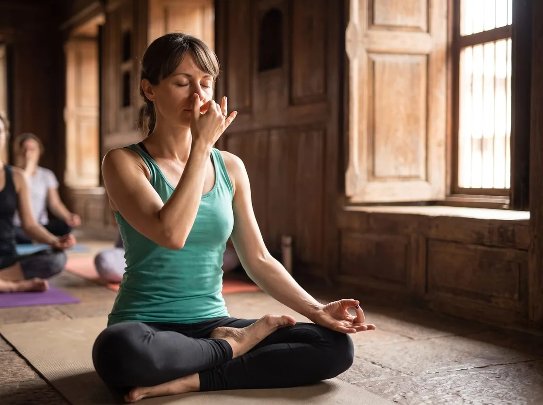 Student practising alternate-nostril pranayama