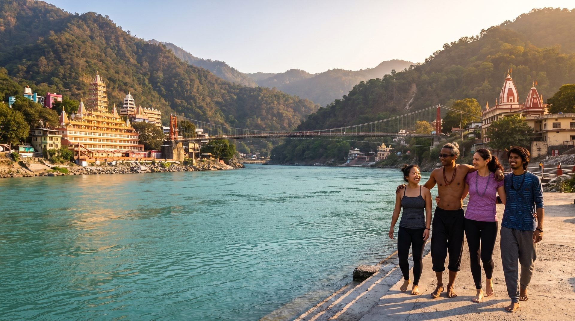 Students walking along the Ganga near Ram Jhula bridge in Rishikesh