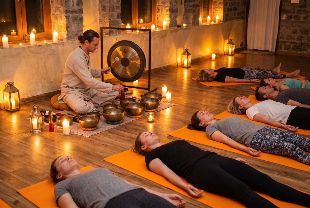 Sound healing session with singing bowls at the yoga school